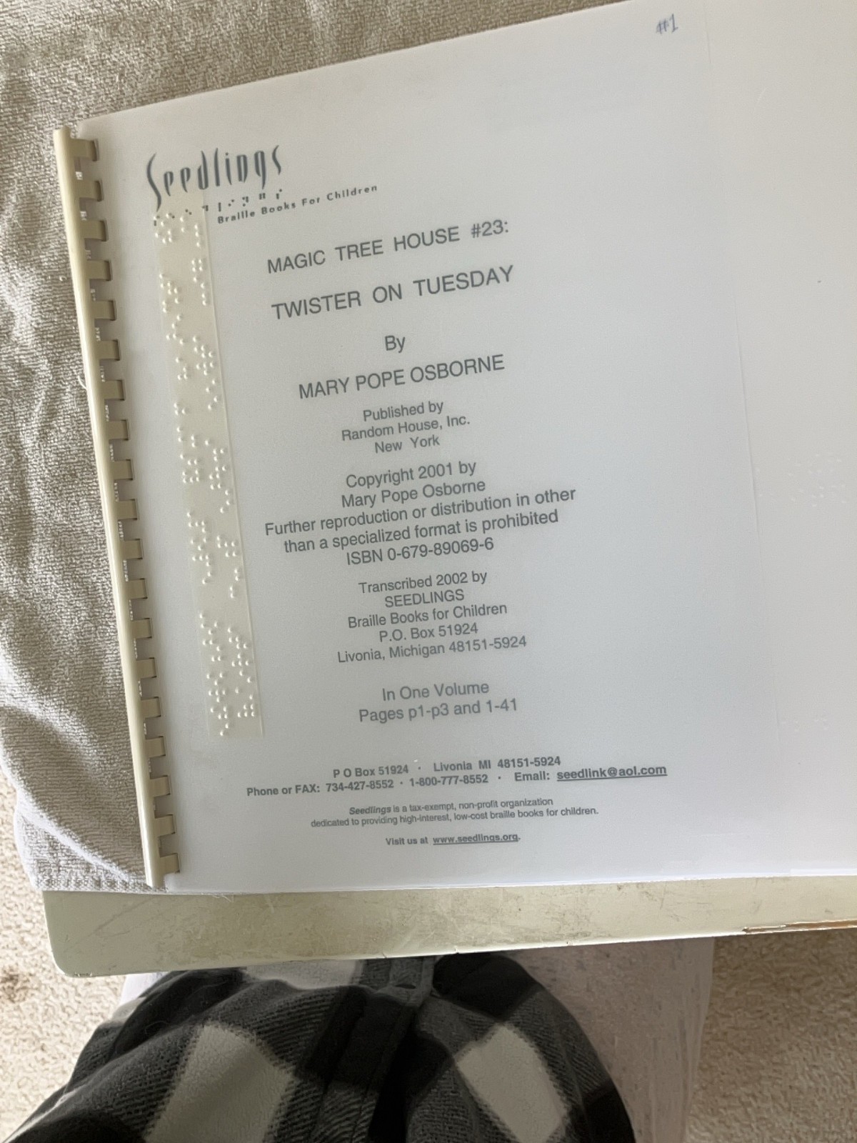 Braille Book: Magic Tree House “Twister on Tuesday” Old braille format