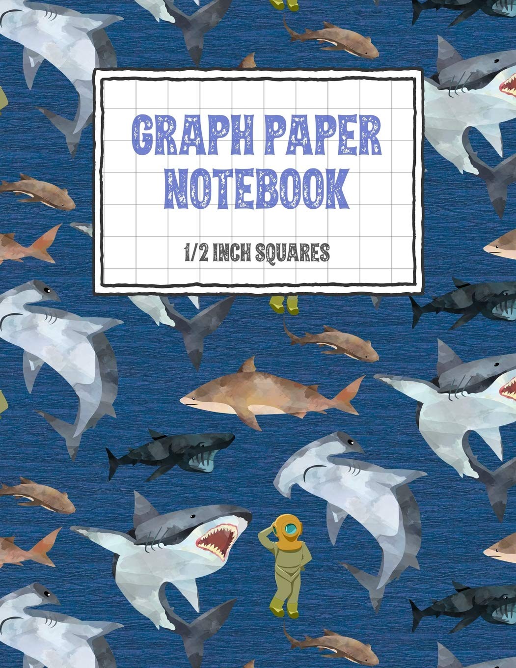 Graph Paper Notebook 1/2 Inch Squares: Shark Themed 0.50″ Square Quad Ruled,…