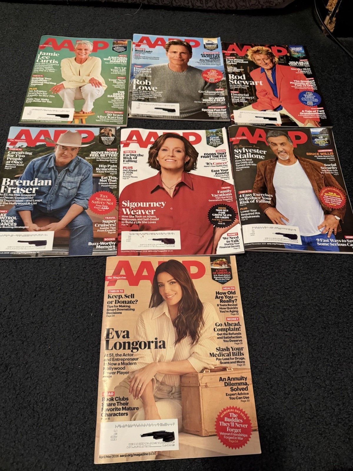 Lot of 7 AARP Magazines Issues Rod Stewart Jamie Lee Curtis Rob Lowe 2025 2026