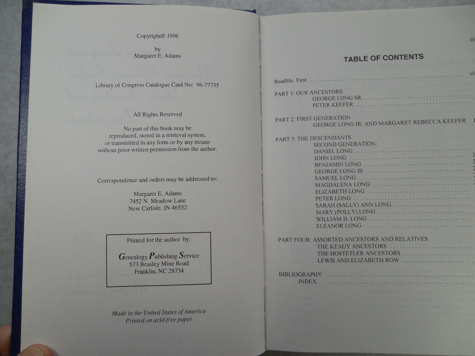 George Long and Margaret Rebecca Keefer: Their Ancestors and Descendants, 1996
