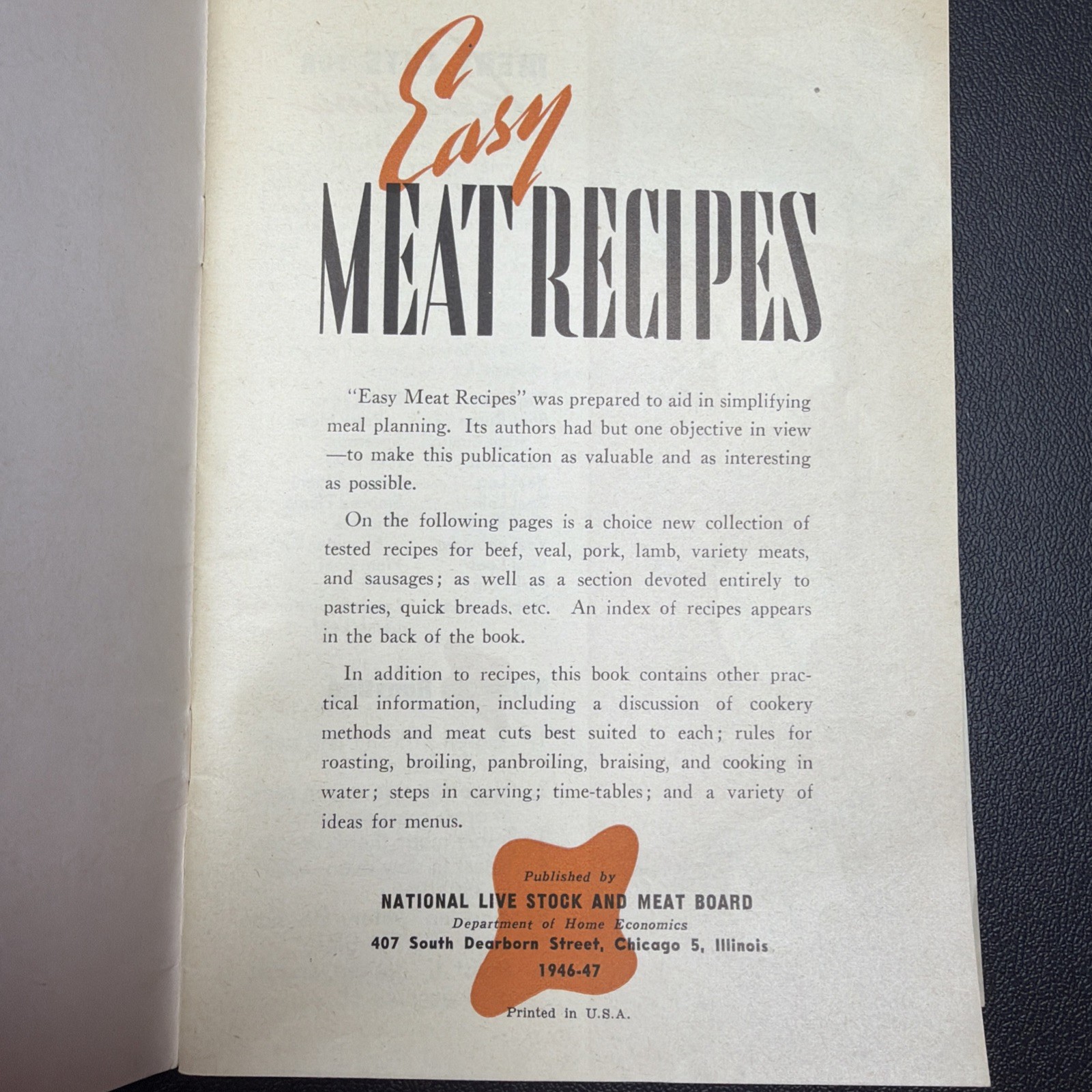 Vintage “Easy Meat Recipes” Cookbook 1940’s 39 pages beef pork lamb